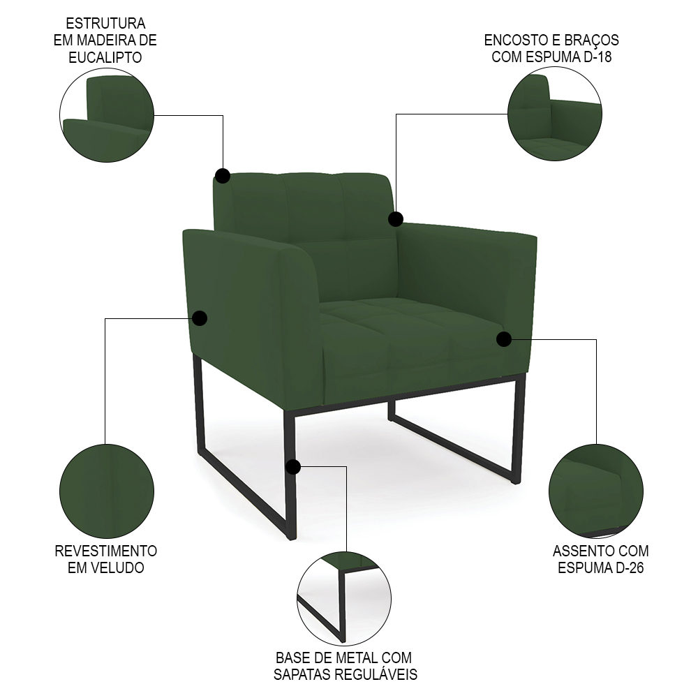 Sofá Namoradeira e 2 Poltronas Base Industrial Preto Ana Veludo Verde - Ibiza