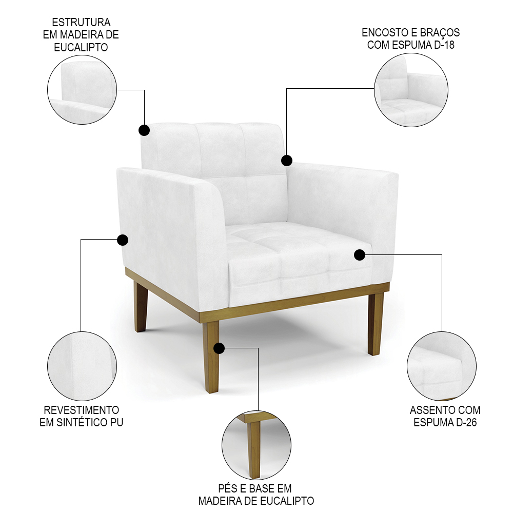 Sofá Namoradeira e 2 Poltronas Base Madeira Castanho Ana Sintético PU Branco - Ibiza