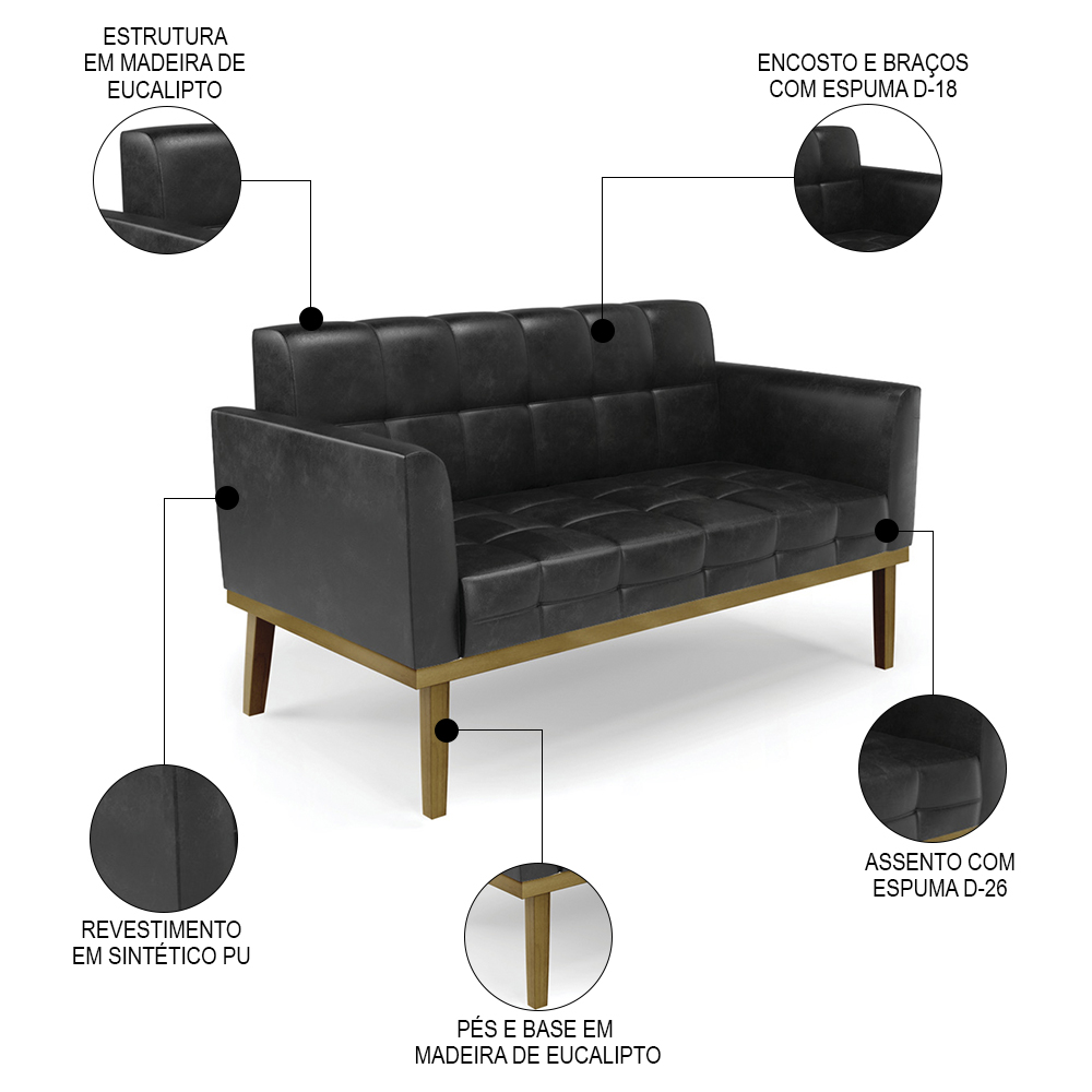 Sofá Namoradeira e 2 Poltronas Base Madeira Castanho Ana Sintético PU Preto - Ibiza