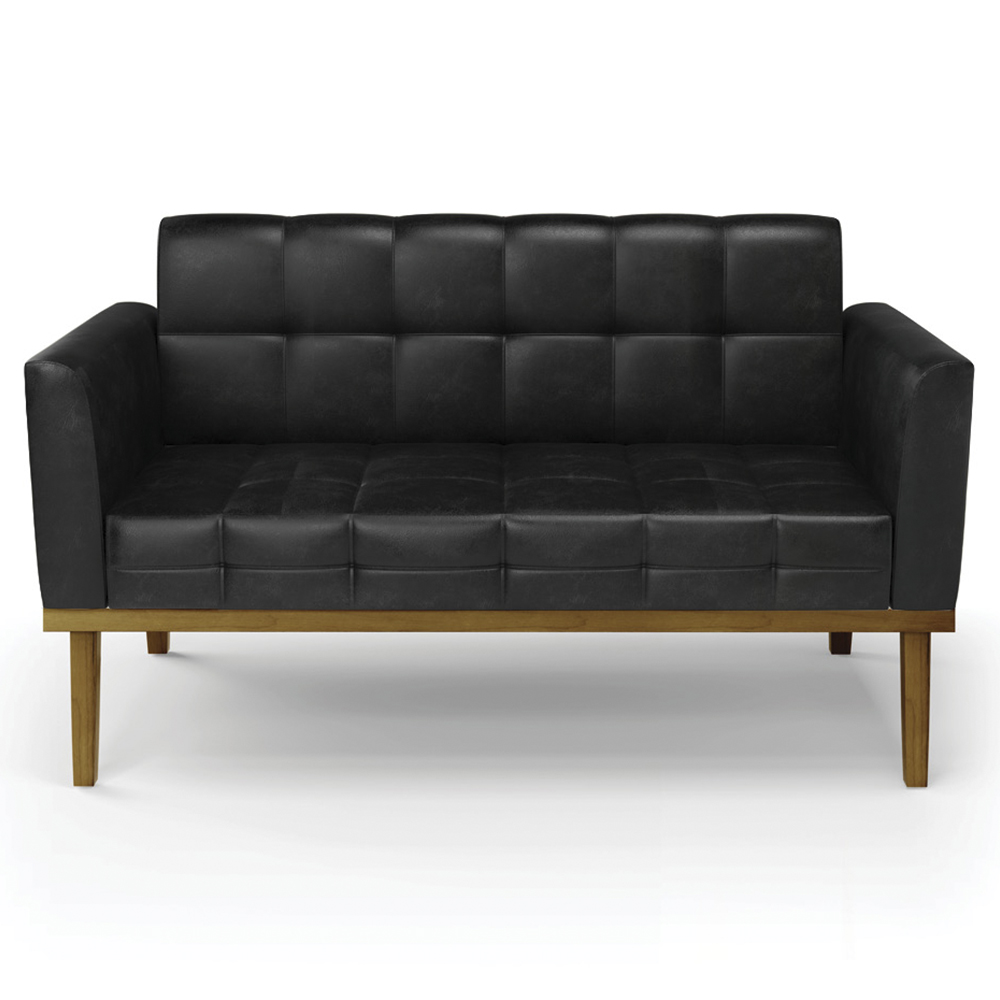 Sofá Namoradeira e 2 Poltronas Base Madeira Castanho Ana Sintético PU Preto - Ibiza