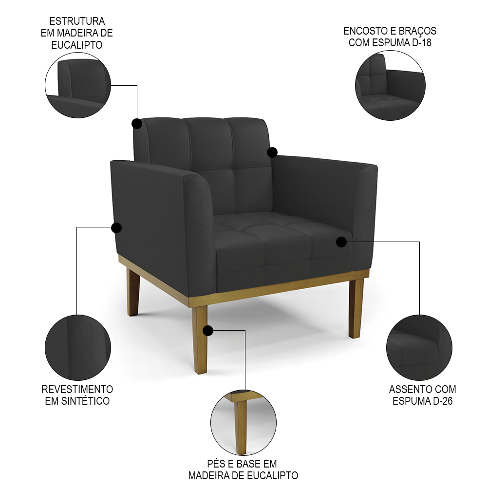 Sofá Namoradeira e 2 Poltronas Base Madeira Castanho Ana Sintético Preto - Ibiza