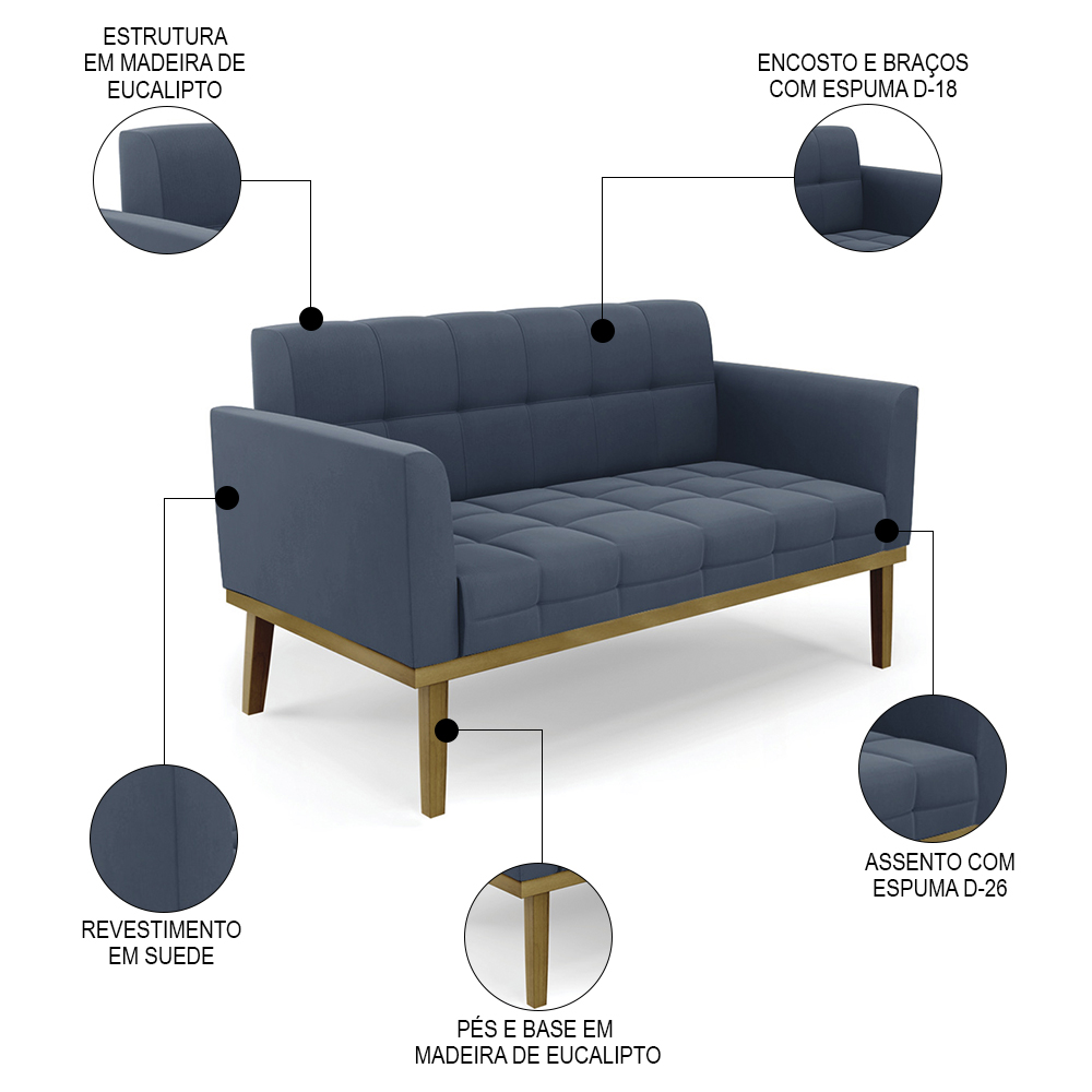 Sofá Namoradeira e 2 Poltronas Base Madeira Castanho Ana Suede Azul Marinho - Ibiza