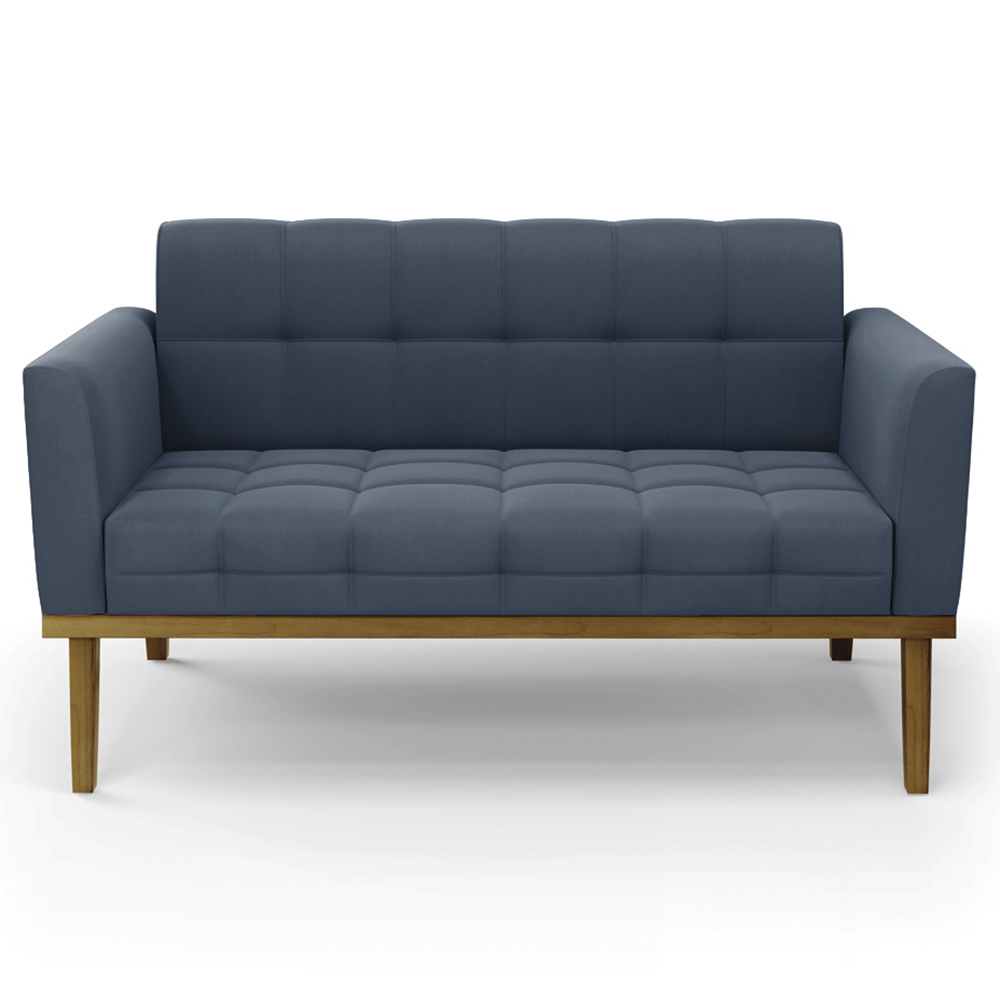 Sofá Namoradeira e 2 Poltronas Base Madeira Castanho Ana Suede Azul Marinho - Ibiza