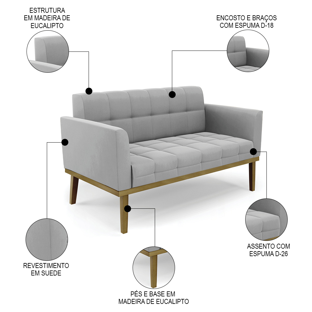 Sofá Namoradeira e 2 Poltronas Base Madeira Castanho Ana Suede Cinza - Ibiza