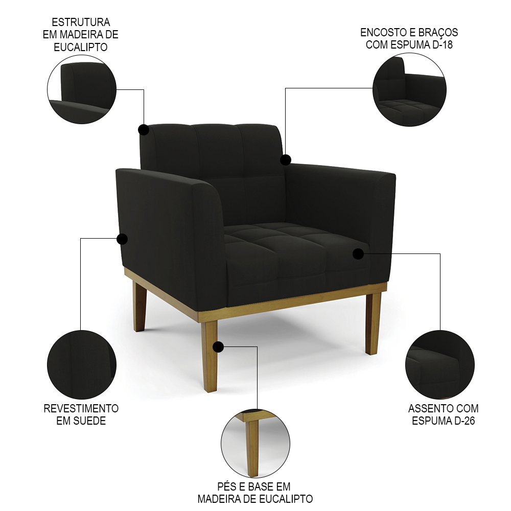 Sofá Namoradeira e 2 Poltronas Base Madeira Castanho Ana Suede Preto - Ibiza