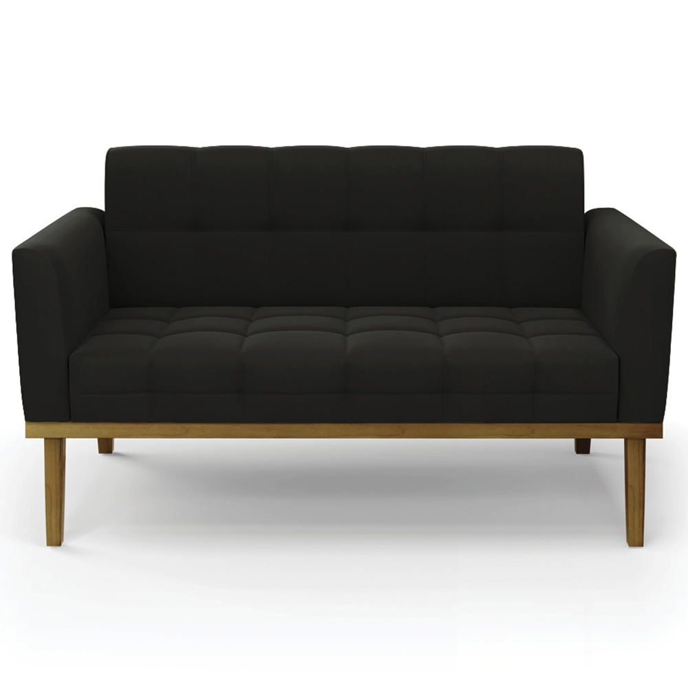Sofá Namoradeira e 2 Poltronas Base Madeira Castanho Ana Suede Preto - Ibiza