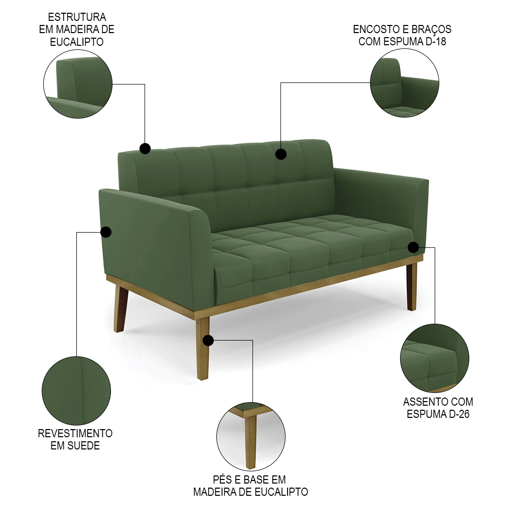 Sofá Namoradeira e 2 Poltronas Base Madeira Castanho Ana Suede Verde - Ibiza