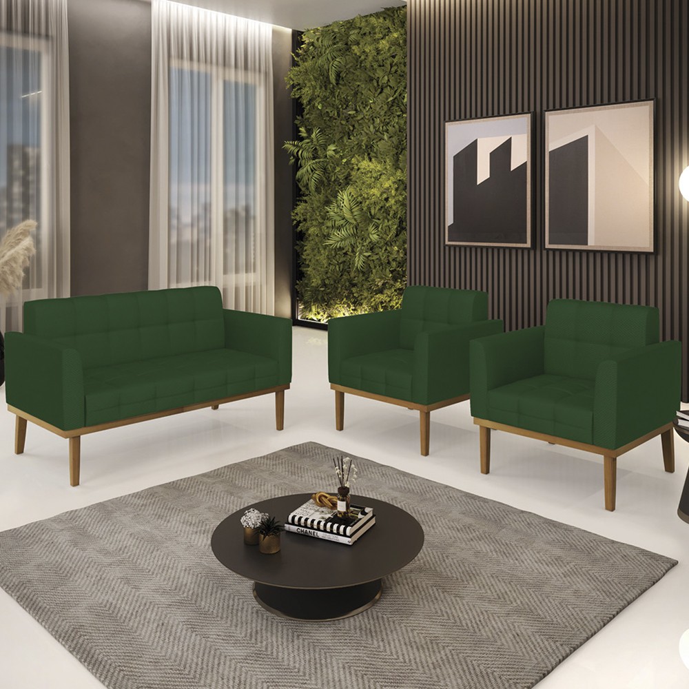Sofá Namoradeira e 2 Poltronas Base Madeira Castanho Ana Veludo Luxo Verde - Ibiza