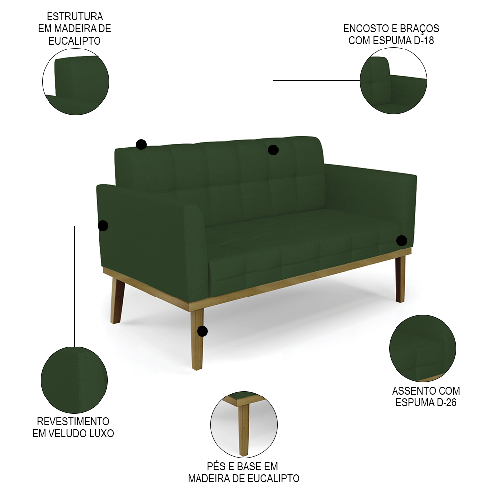 Sofá Namoradeira e 2 Poltronas Base Madeira Castanho Ana Veludo Luxo Verde - Ibiza