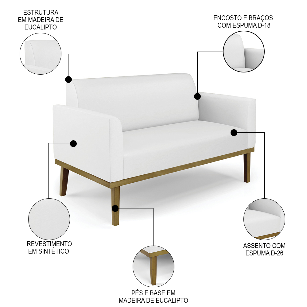 Sofá Namoradeira e 2 Poltronas Base Madeira Castanho Maressa Sintético Branco - Ibiza
