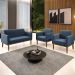 Sofá Namoradeira e 2 Poltronas Base Madeira Castanho Maressa Suede Azul Marinho - Ibiza