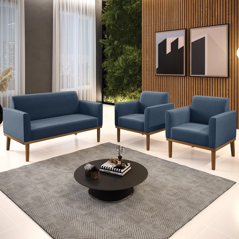 Sofá Namoradeira e 2 Poltronas Base Madeira Castanho Maressa Suede Azul Marinho - Ibiza
