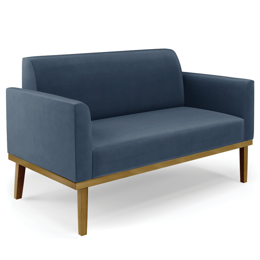 Sofá Namoradeira e 2 Poltronas Base Madeira Castanho Maressa Suede Azul Marinho - Ibiza