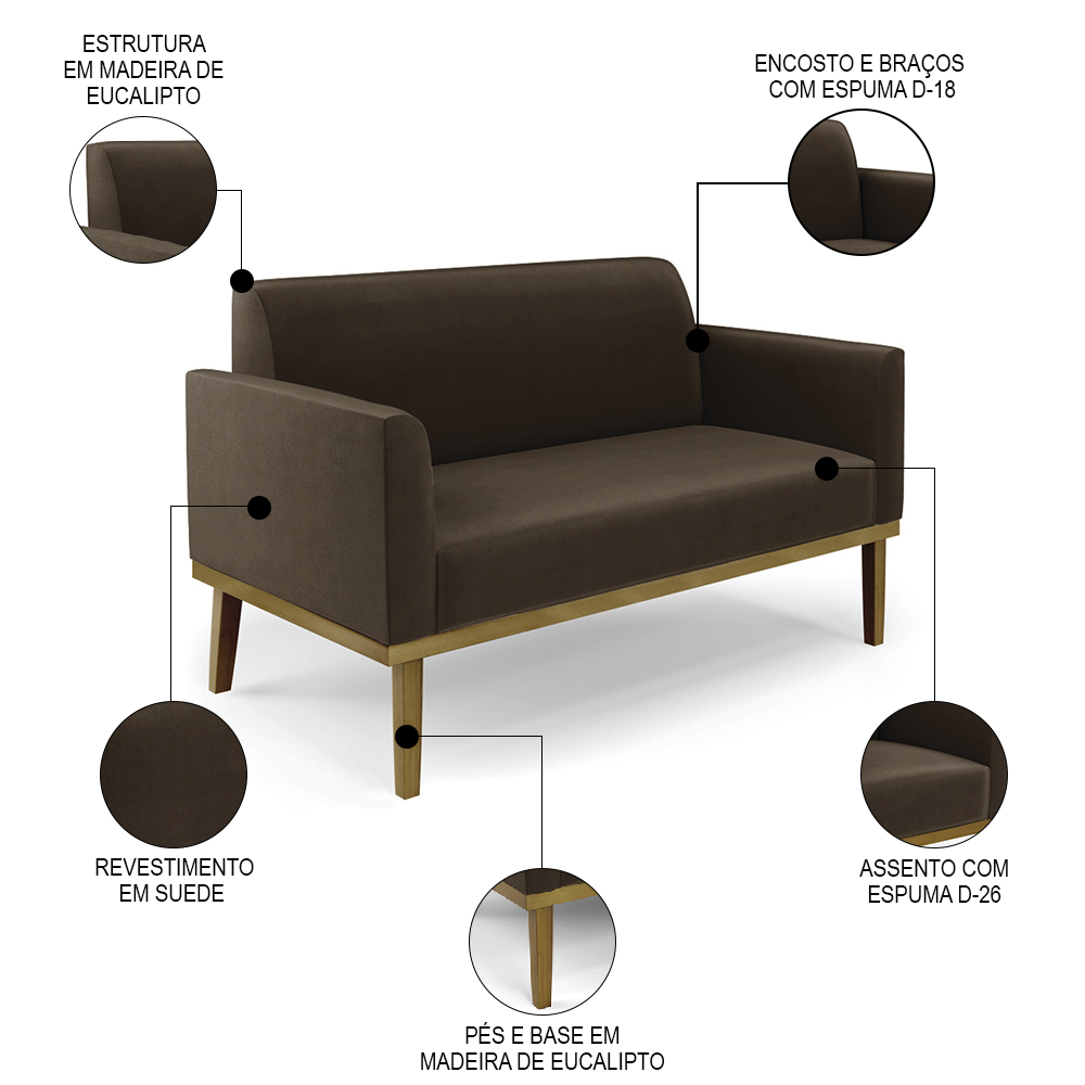 Sofá Namoradeira e 2 Poltronas Base Madeira Castanho Maressa Suede Marrom - Ibiza