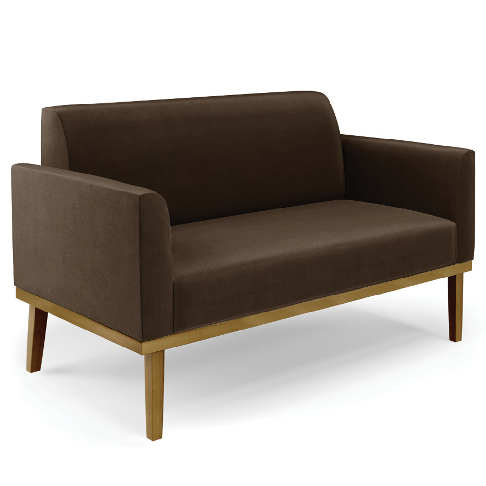 Sofá Namoradeira e 2 Poltronas Base Madeira Castanho Maressa Suede Marrom - Ibiza