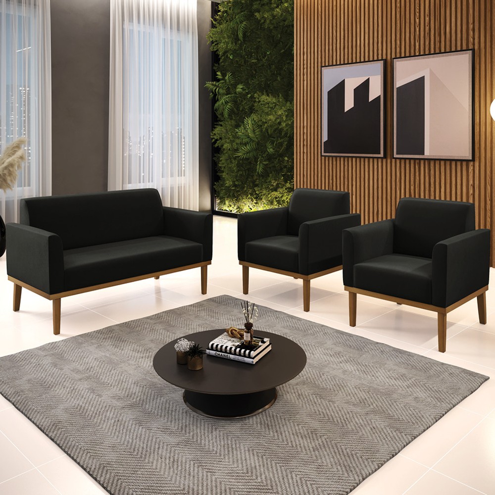 Sofá Namoradeira e 2 Poltronas Base Madeira Castanho Maressa Suede Preto - Ibiza