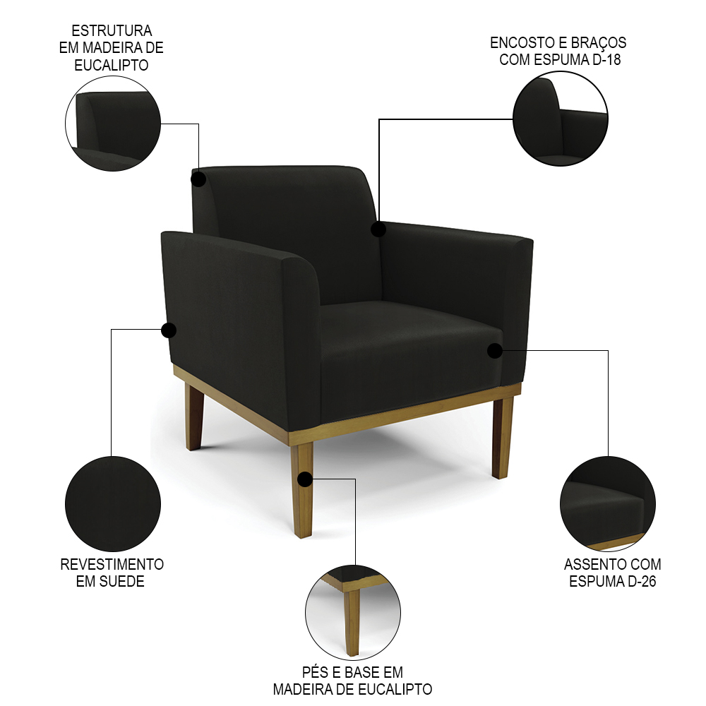 Sofá Namoradeira e 2 Poltronas Base Madeira Castanho Maressa Suede Preto - Ibiza