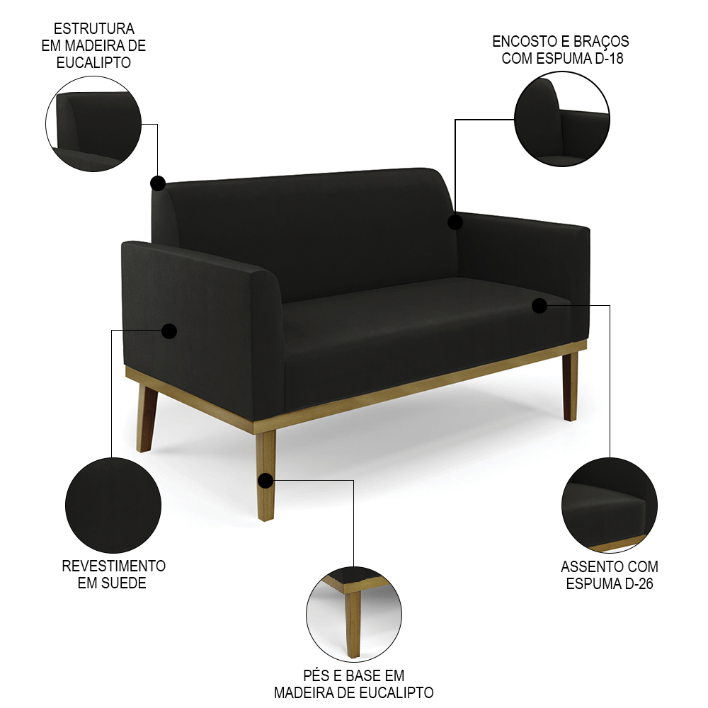 Sofá Namoradeira e 2 Poltronas Base Madeira Castanho Maressa Suede Preto - Ibiza