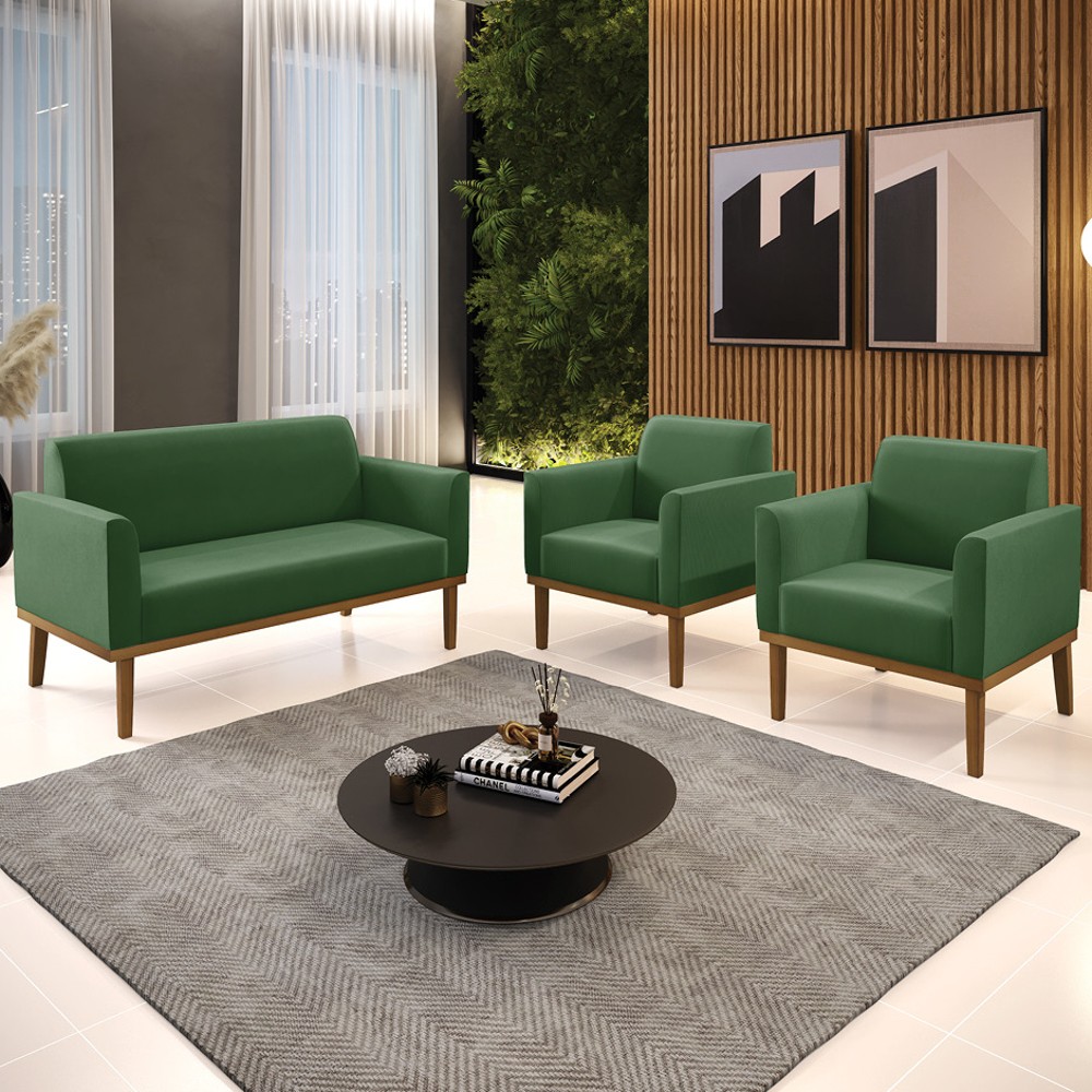 Sofá Namoradeira e 2 Poltronas Base Madeira Castanho Maressa Suede Verde - Ibiza
