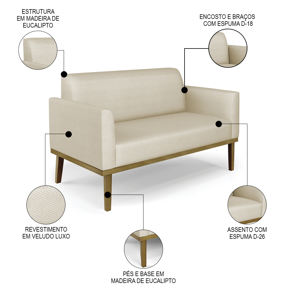 Sofá Namoradeira e 2 Poltronas Base Madeira Castanho Maressa Veludo Luxo Off White - Ibiza