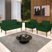 Sofá Namoradeira e 2 Poltronas Base Madeira Castanho Maressa Veludo Luxo Verde - Ibiza