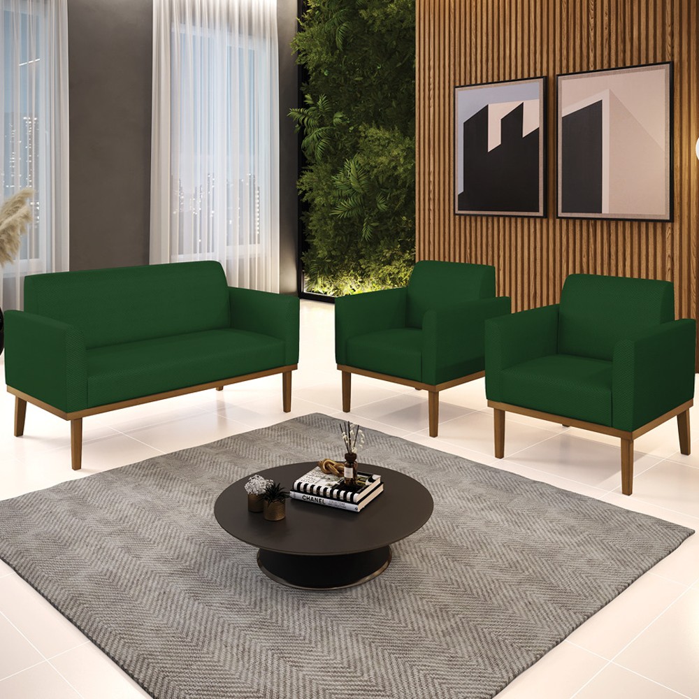 Sofá Namoradeira e 2 Poltronas Base Madeira Castanho Maressa Veludo Luxo Verde - Ibiza