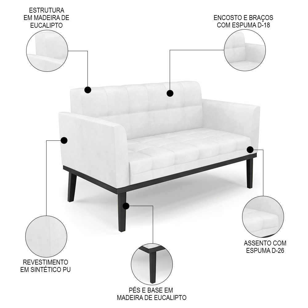 Sofá Namoradeira e 2 Poltronas Base Madeira Preto Ana Sintético PU Branco - Ibiza