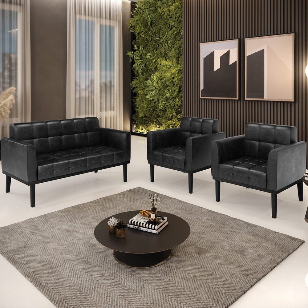 Sofá Namoradeira e 2 Poltronas Base Madeira Preto Ana Sintético PU Preto - Ibiza
