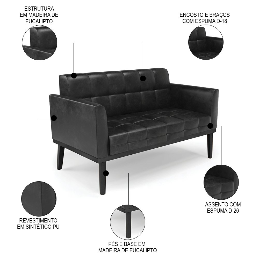 Sofá Namoradeira e 2 Poltronas Base Madeira Preto Ana Sintético PU Preto - Ibiza