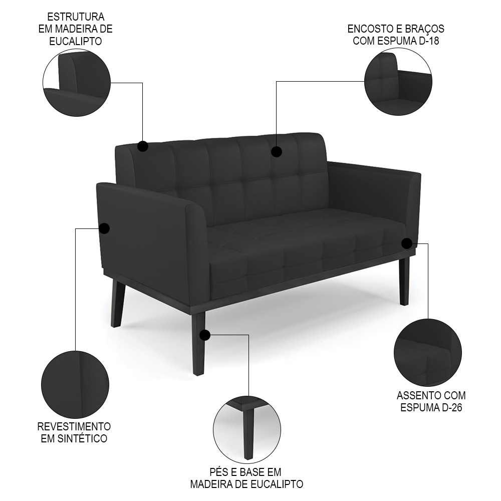 Sofá Namoradeira e 2 Poltronas Base Madeira Preto Ana Sintético Preto - Ibiza