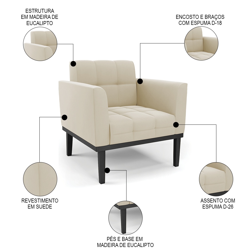 Sofá Namoradeira e 2 Poltronas Base Madeira Preto Ana Suede Bege - Ibiza