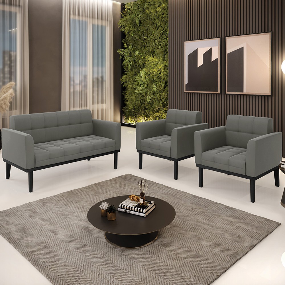 Sofá Namoradeira e 2 Poltronas Base Madeira Preto Ana Suede Grafite - Ibiza