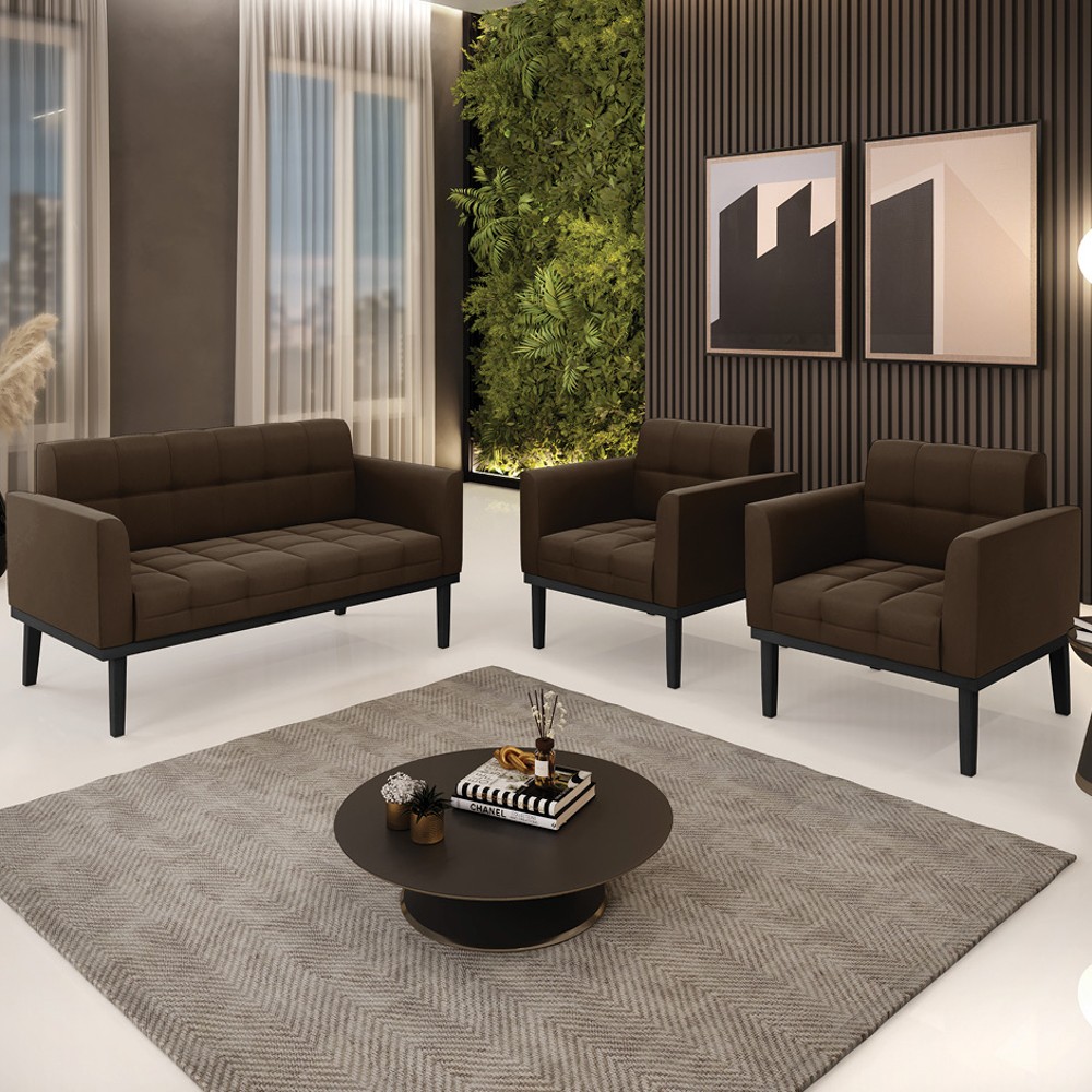 Sofá Namoradeira e 2 Poltronas Base Madeira Preto Ana Suede Marrom - Ibiza