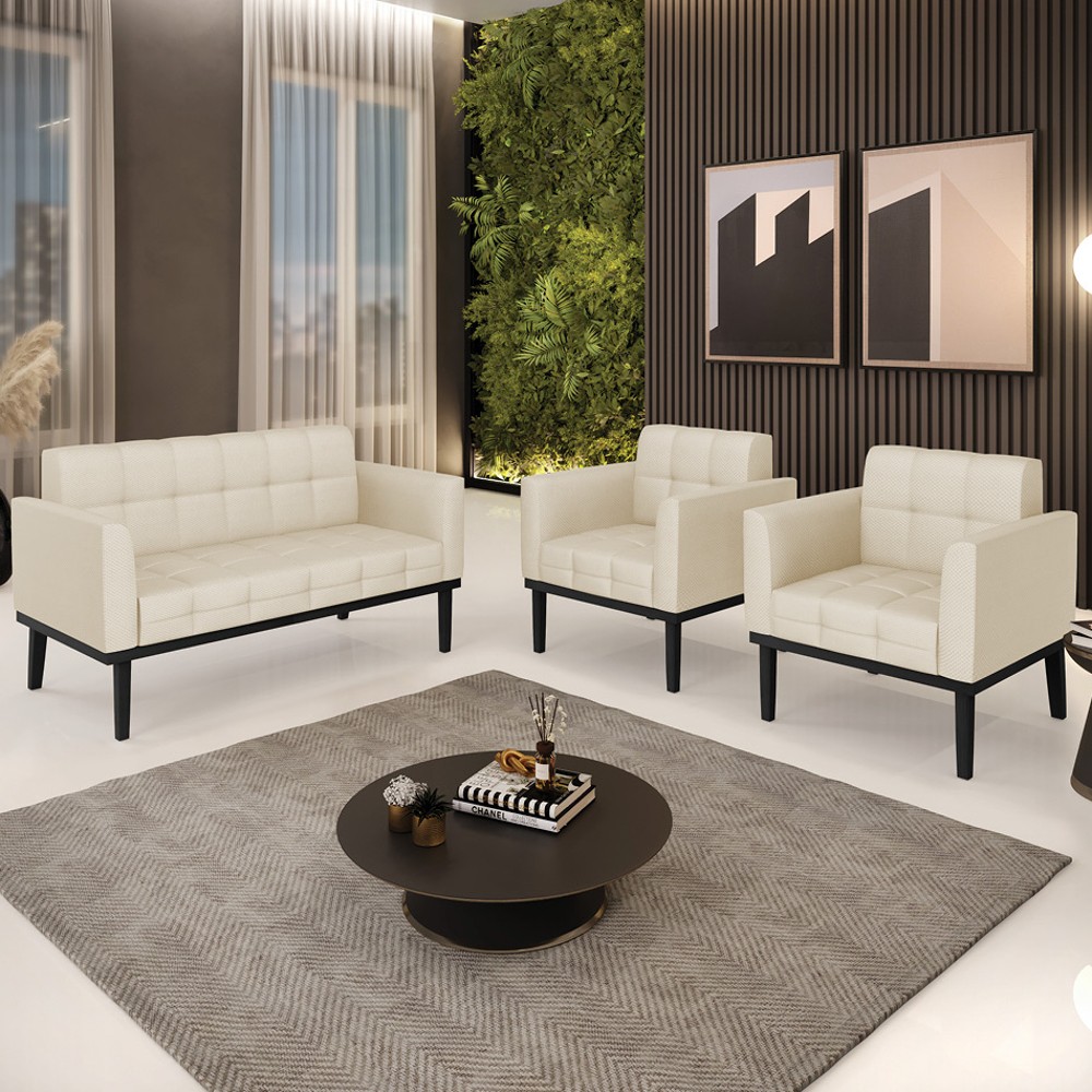 Sofá Namoradeira e 2 Poltronas Base Madeira Preto Ana Veludo Luxo Off White - Ibiza