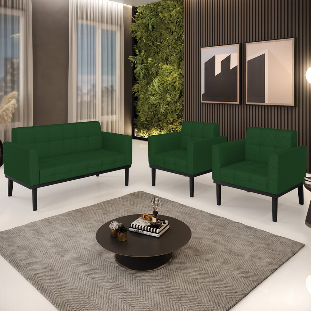 Sofá Namoradeira e 2 Poltronas Base Madeira Preto Ana Veludo Luxo Verde - Ibiza