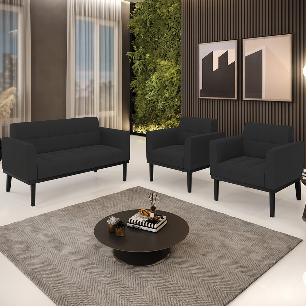 Sofá Namoradeira e 2 Poltronas Base Madeira Preto Ana Veludo Preto - Ibiza