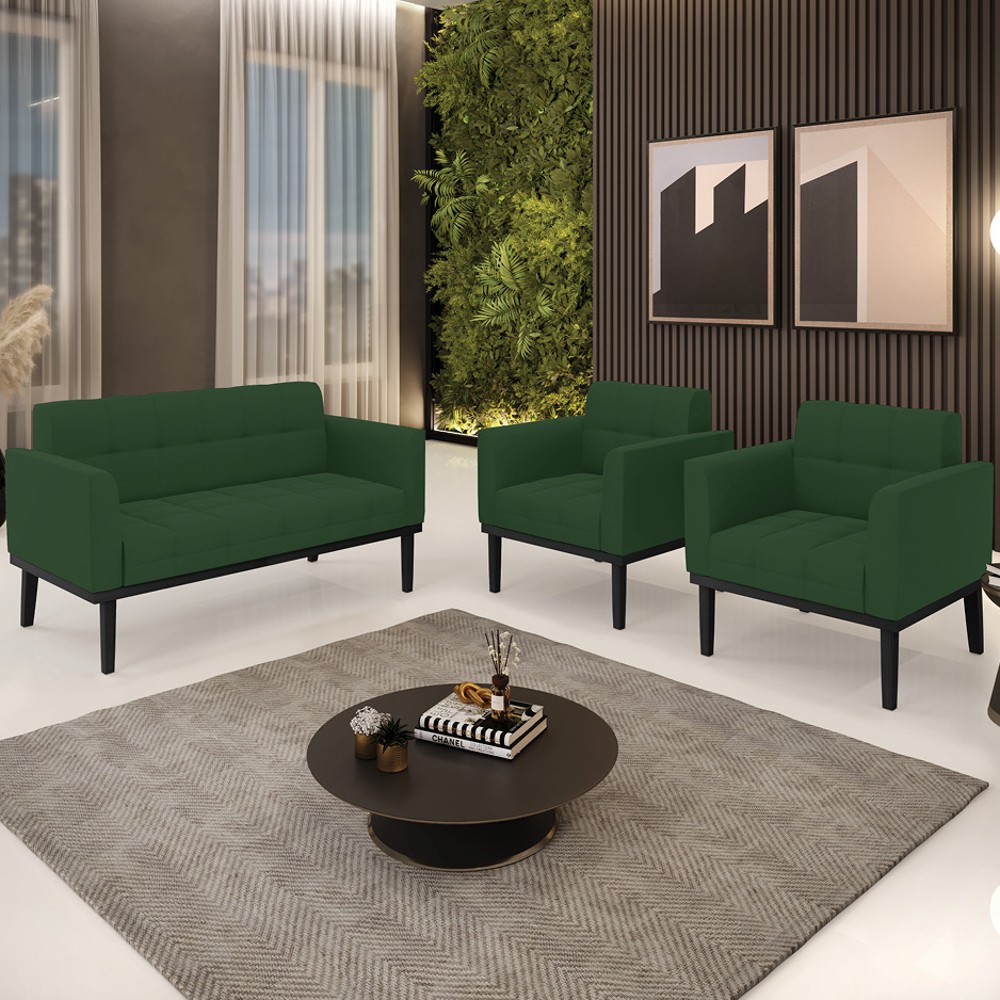 Sofá Namoradeira e 2 Poltronas Base Madeira Preto Ana Veludo Verde - Ibiza