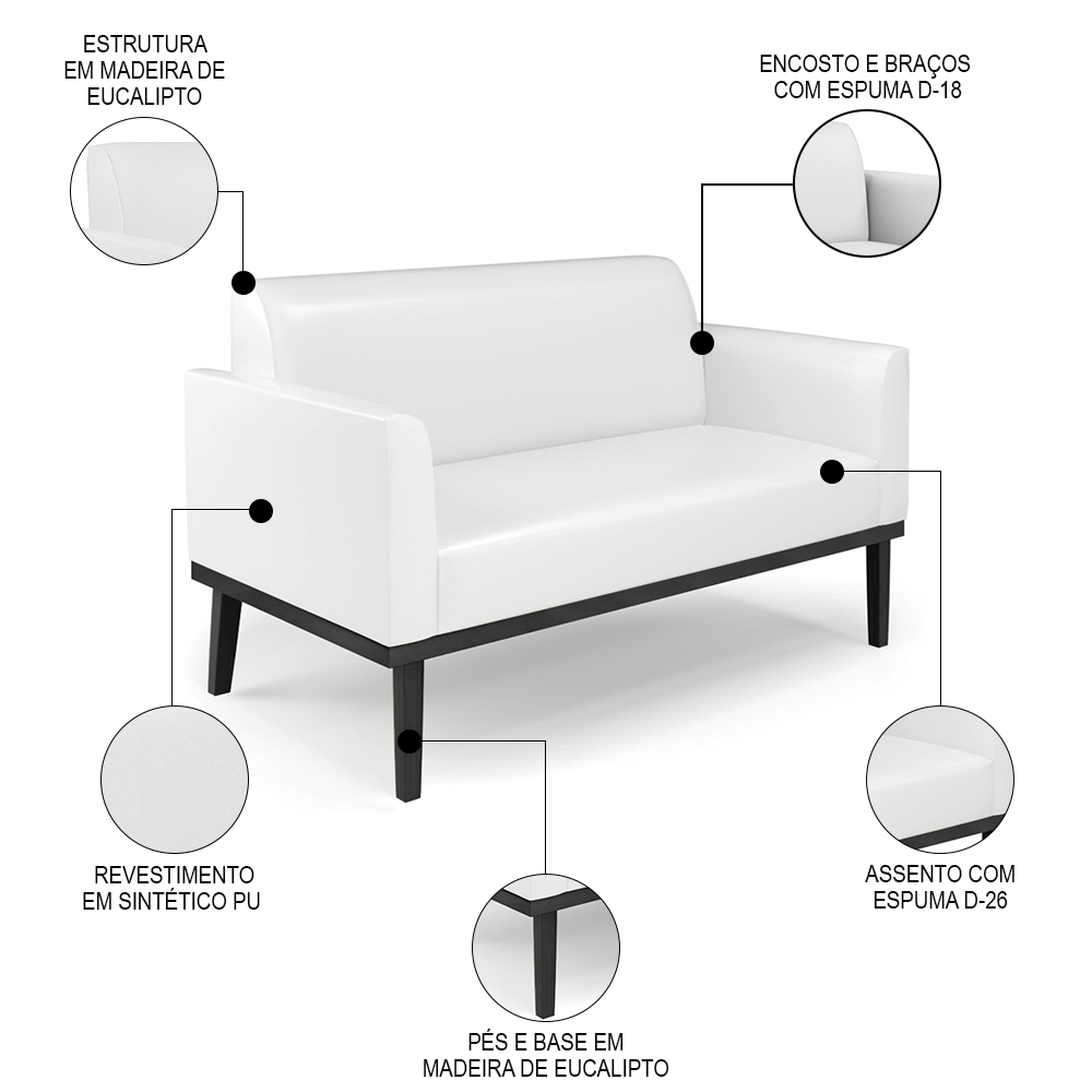 Sofá Namoradeira e 2 Poltronas Base Madeira Preto Maressa Sintético PU Branco - Ibiza