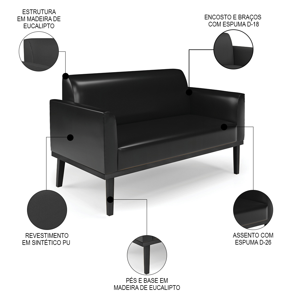 Sofá Namoradeira e 2 Poltronas Base Madeira Preto Maressa Sintético PU Preto - Ibiza