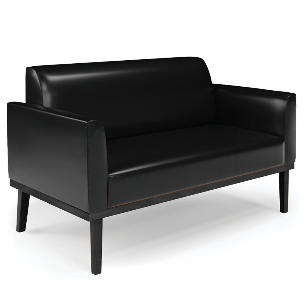 Sofá Namoradeira e 2 Poltronas Base Madeira Preto Maressa Sintético PU Preto - Ibiza
