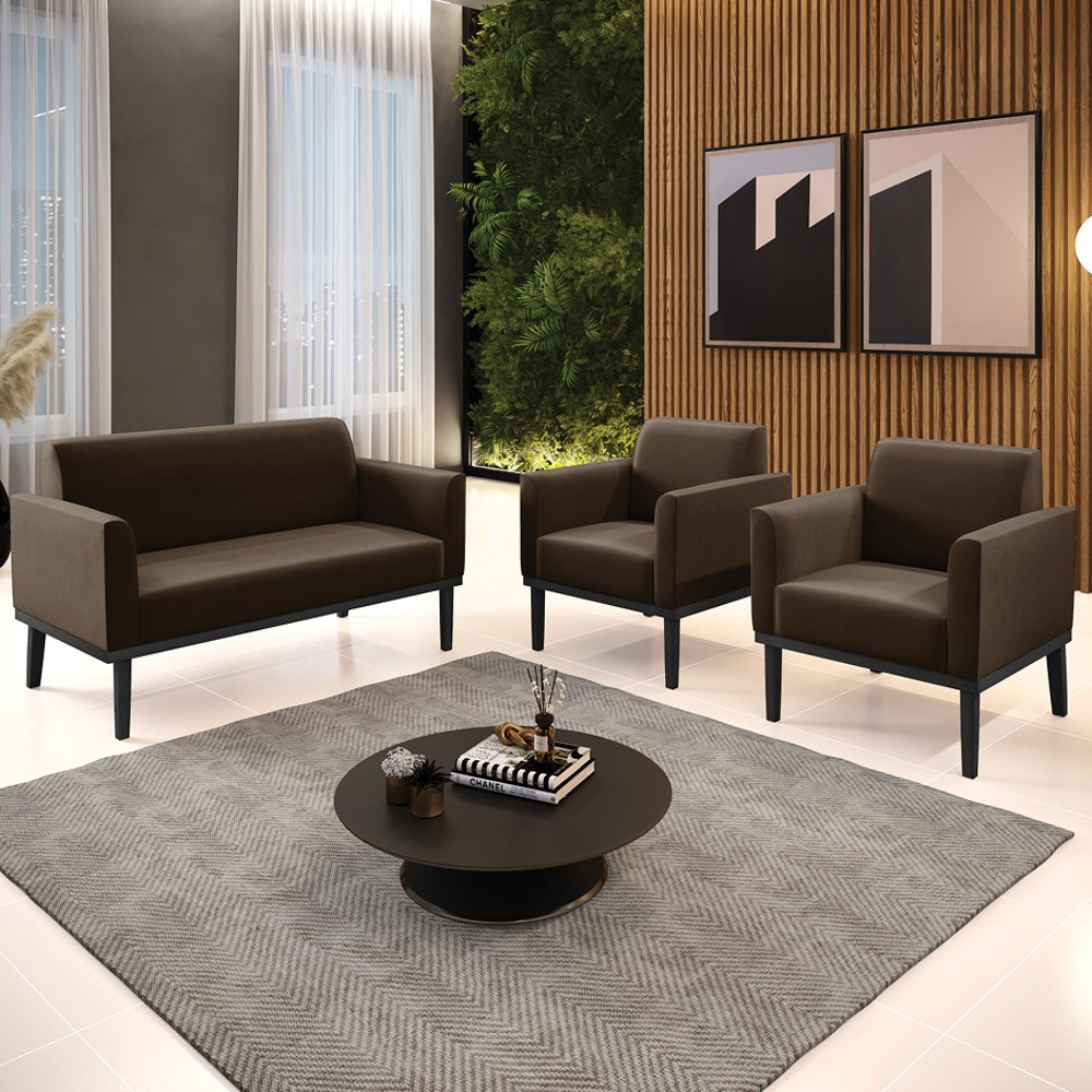 Sofá Namoradeira e 2 Poltronas Base Madeira Preto Maressa Suede Marrom - Ibiza