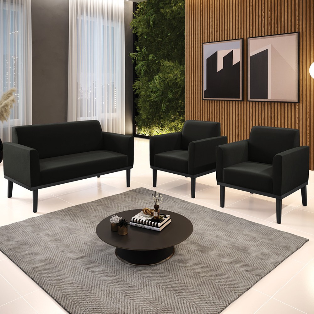 Sofá Namoradeira e 2 Poltronas Base Madeira Preto Maressa Suede Preto - Ibiza
