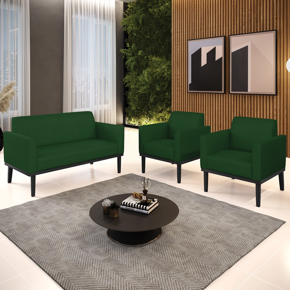 Sofá Namoradeira e 2 Poltronas Base Madeira Preto Maressa Veludo Luxo Verde - Ibiza