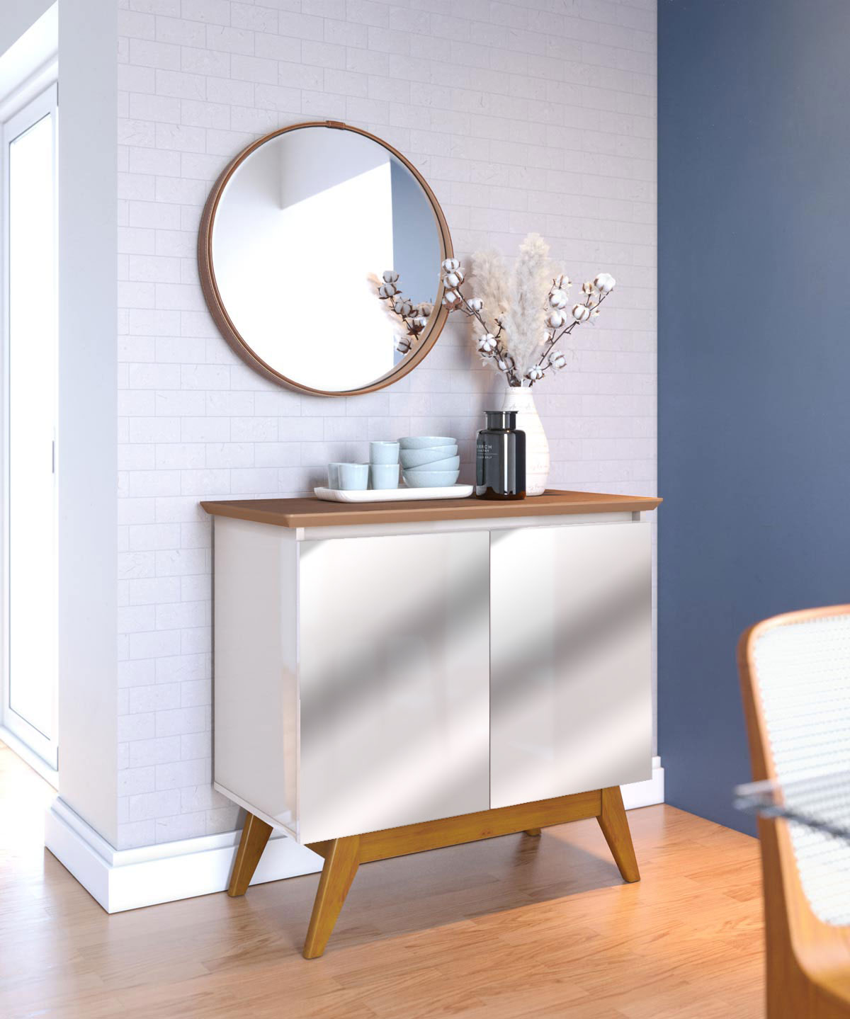 Buffet Classic 2 Portas Off White com Freijó e Espelho - Imcal Móveis
