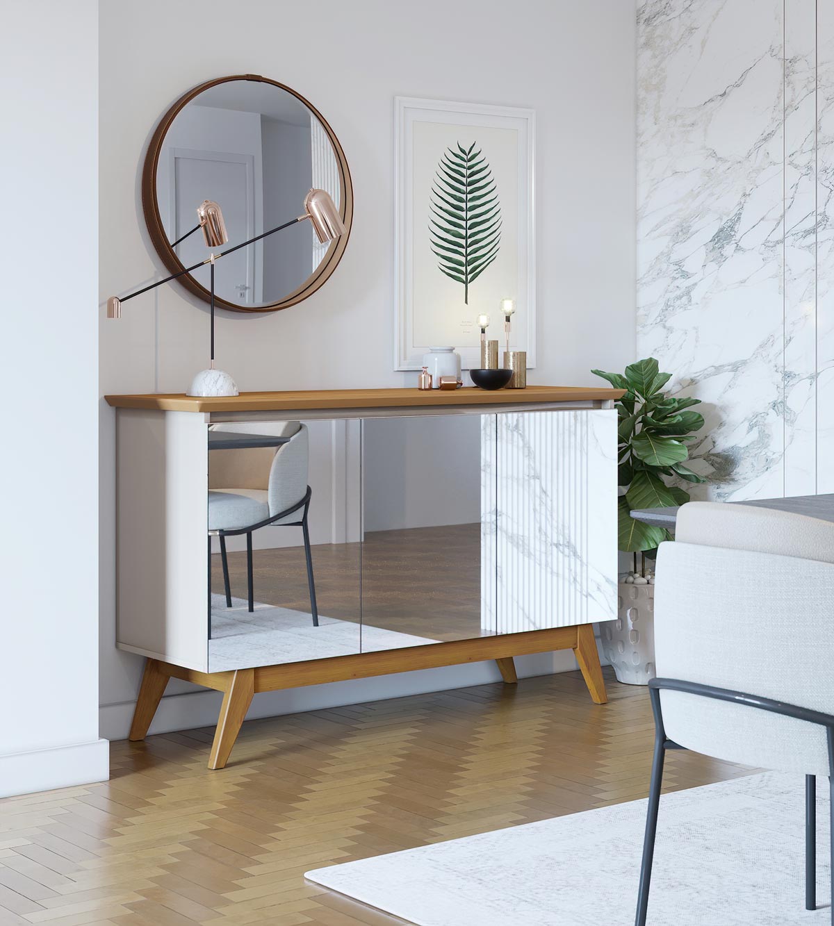 Buffet Classic 3 Portas Off White com Nature e Espelho - Imcal Móveis