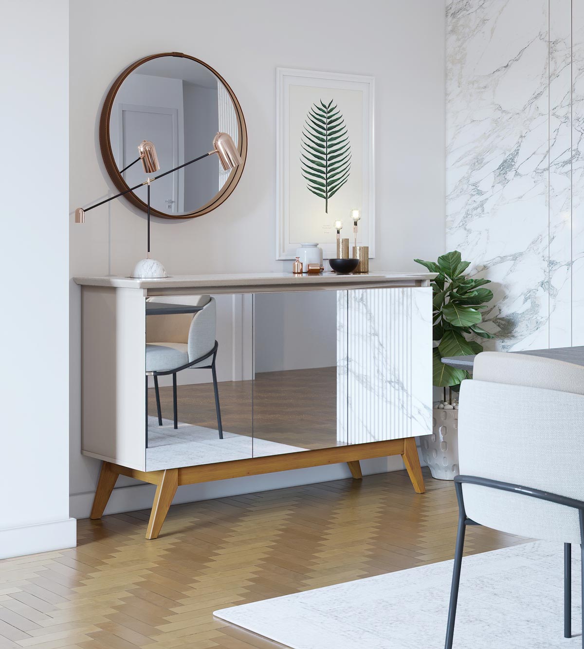 Buffet Classic 3 Portas Off White e Espelho - Imcal Móveis