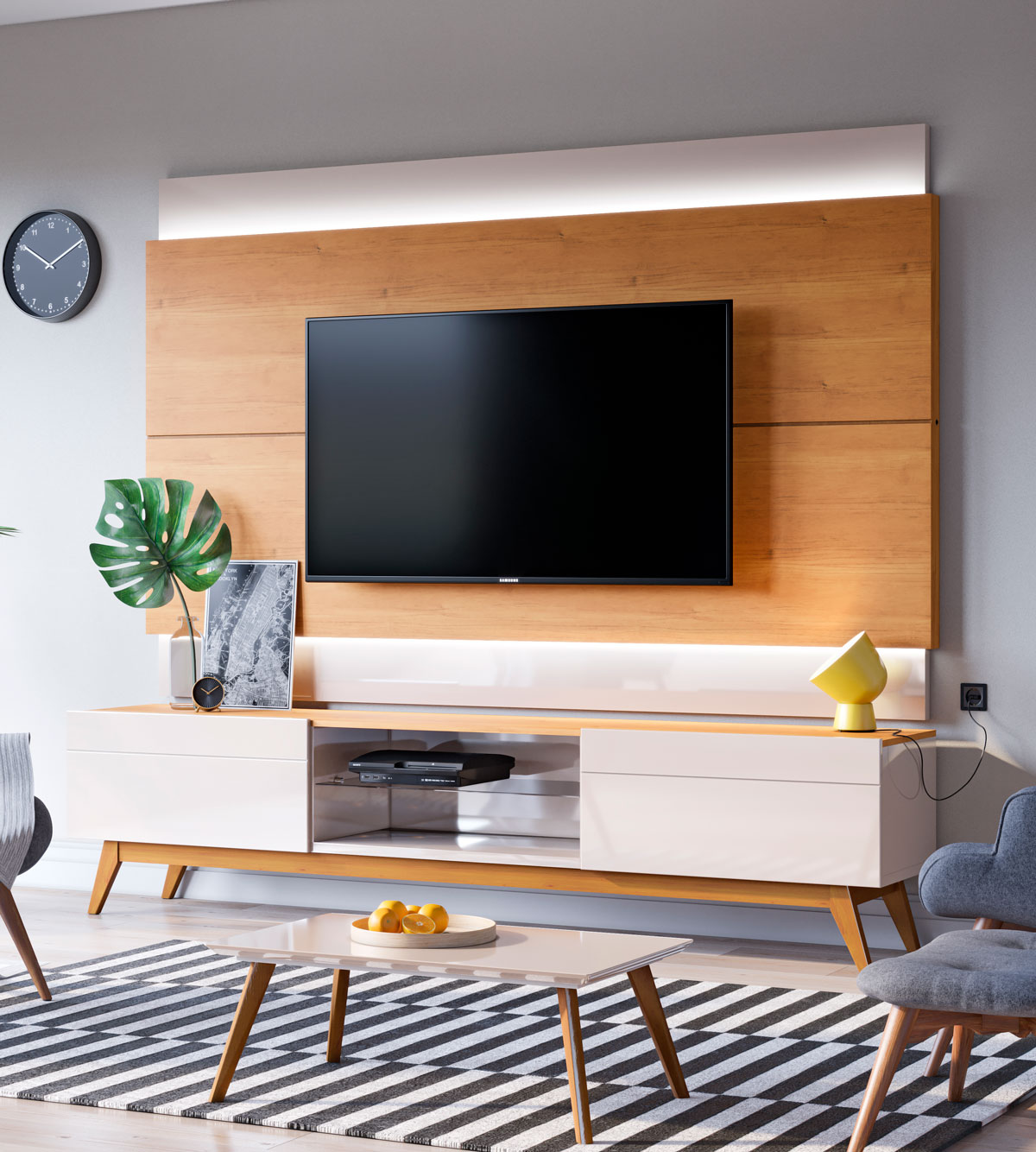 Rack com Painel Classic 2G 2.2 Nature com Off White - Imcal Móveis