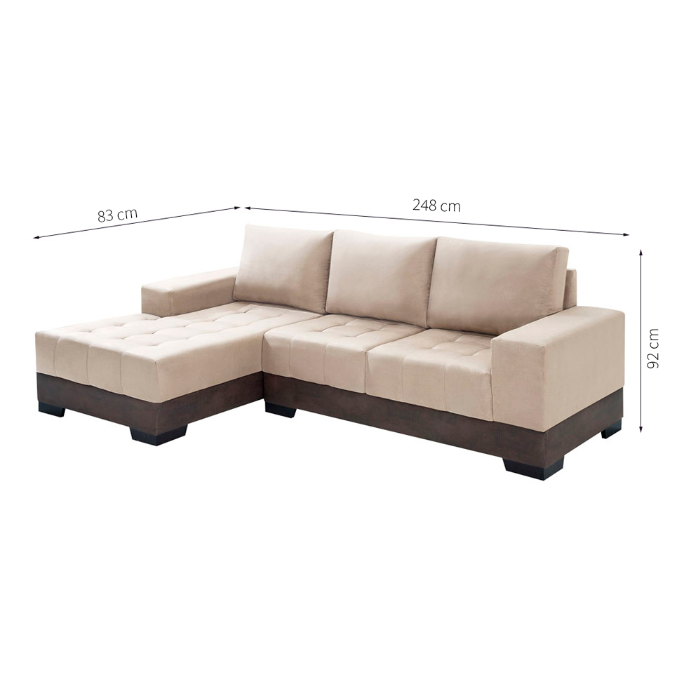 Sofá 3 Lugares Patrícia com Chaise Esquerdo Suede Areia