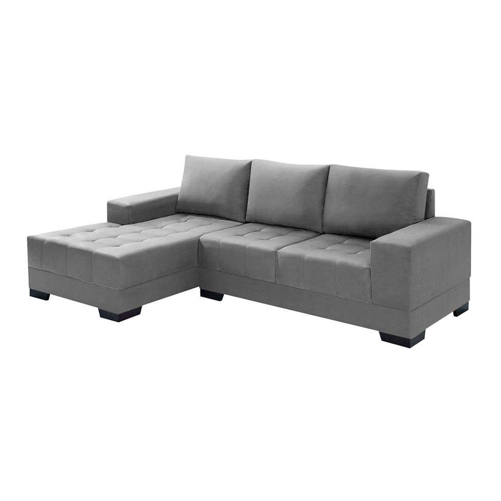 Sofá 3 Lugares Patrícia com Chaise Esquerdo Suede Liso Cinza