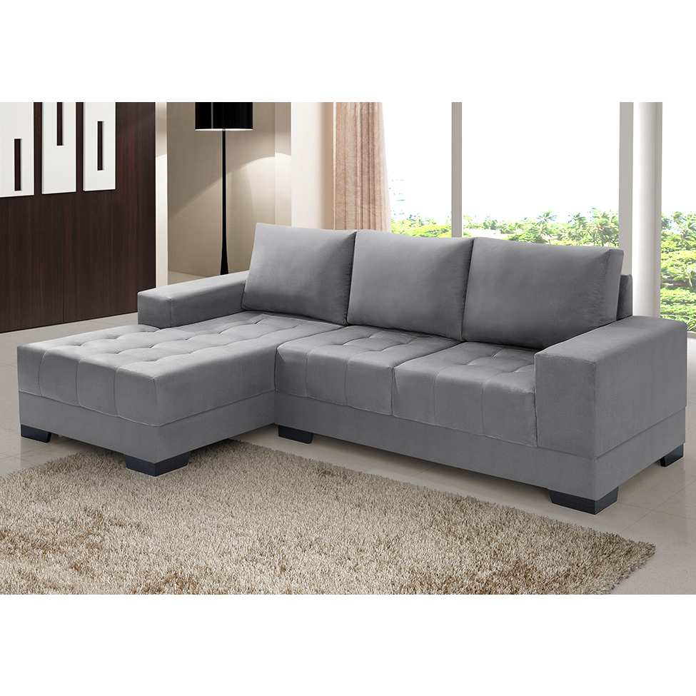 Sofá 3 Lugares Patrícia com Chaise Esquerdo Suede Liso Cinza